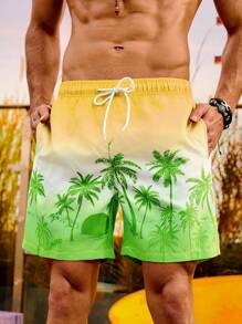 Surfspeed Men's Elastic Waist Coconut Tree Print Beach Shorts With Slanted Pockets - Green - View 1