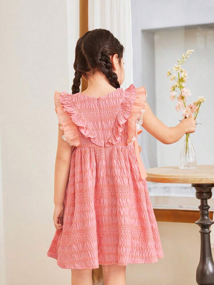 Young Girls' Loose Casual Round Neck Dress With Ruffle Hem And 3d Butterfly Decoration