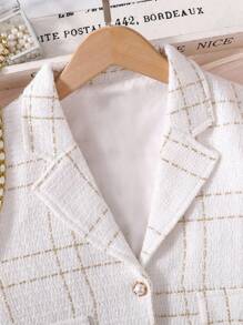 Chica preadolescente Vestido de tirantes de cuadros tweed & Cazadora crop con botón delantero - Blanco - Ver 6