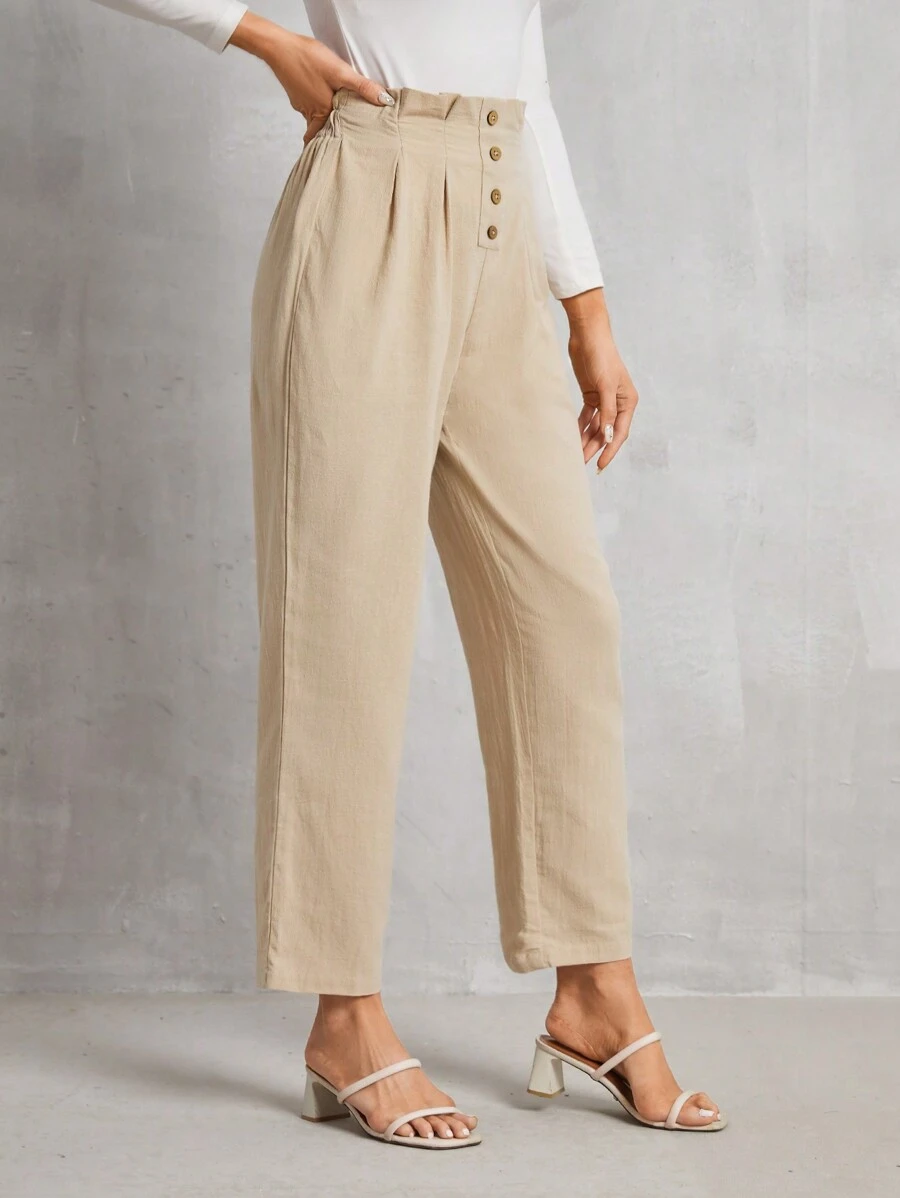 SHEIN Frenchy 女士內衣摺褶休閒褲 - 卡其色 - 查看 1