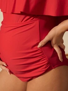 SHEIN Cold Shoulder Ruffled One-Piece Maternity Swimsuit, Maternity Bathing Suit Summer - Red - View 4