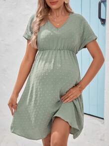 SHEIN Maternity Swiss Polka Dot Batwing Sleeves Belted Dress - Green - View 4