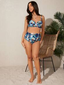 SHEIN Maternity Tropical Printed Twist Front Bikini Set Summer Beach - Multicolor - View 3