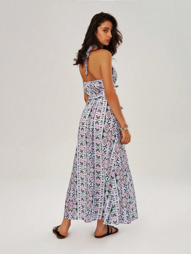 Vacation Geometric Printed Halter Neck Women's Dress