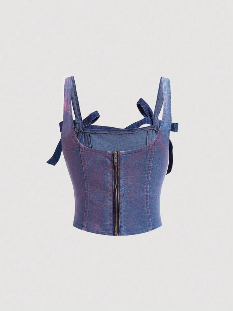 Metallic Sexy And Sweet Bowknot Denim Tank Top
