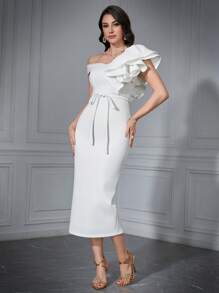 Modelyn Vestido largo de noche con cuello asimétrico, volantes y decoración de cuentas con abertura lateral - Blanco - Ver 4