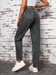 SHEIN Tall Button Fly Tapered Mom Fit Jeans - Dark Grey - View 2