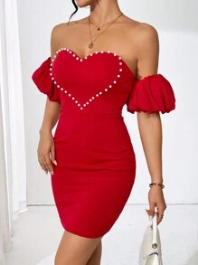 Chiquease Ladies' Bodycon Off Shoulder Dress With Beaded Heart Detail - Burgundy - View 6