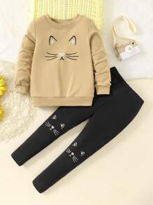 SHEIN Young Girl Cartoon Cat Printed Sweatshirt And Pants Set - Khaki - View 1