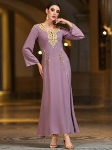 Al Najma Purple Rhinestone Decor Long Sleeve Maxi Modest Dress Arabian Dress Kaftan Jalabiya Dress - Dusty Purple - View 5