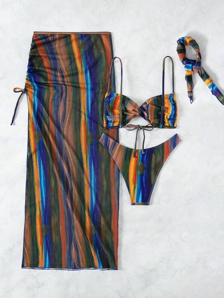 Women's Striped Bikini Set With 4 Pieces (Separate Top And Bottom, Shorts, Top Cover) Summer Beach