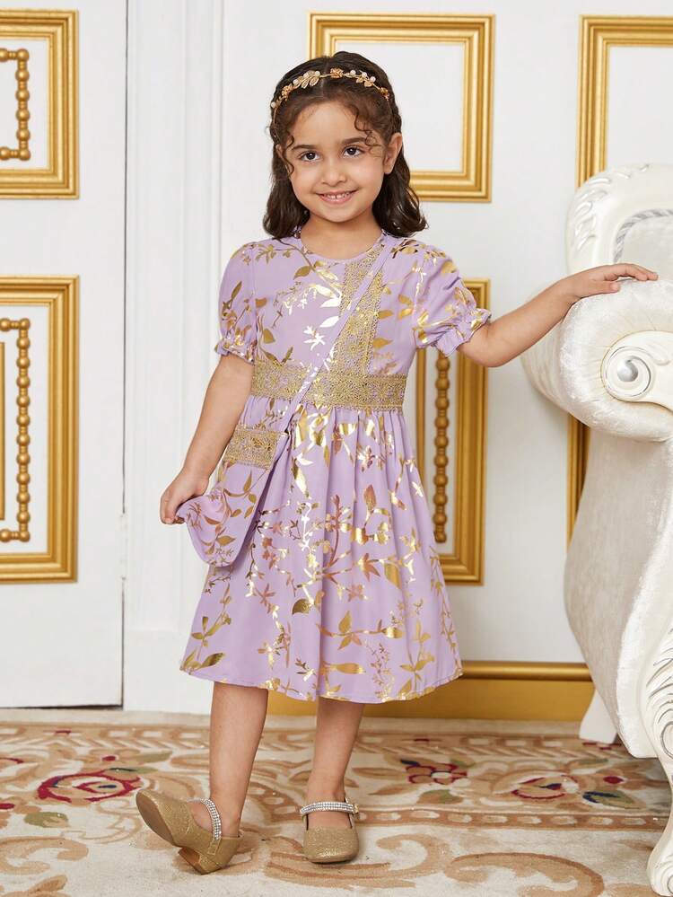 Young Girl's Elegant Patchwork Lace-Belted Print Dress For Summer Parties