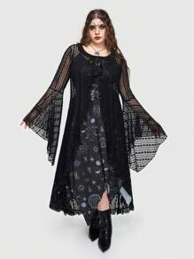 ROMWE Goth Áo sơ mi nữ tay dài có viền ren bất đối xứng cỡ lớn - màu đen - Xem 1