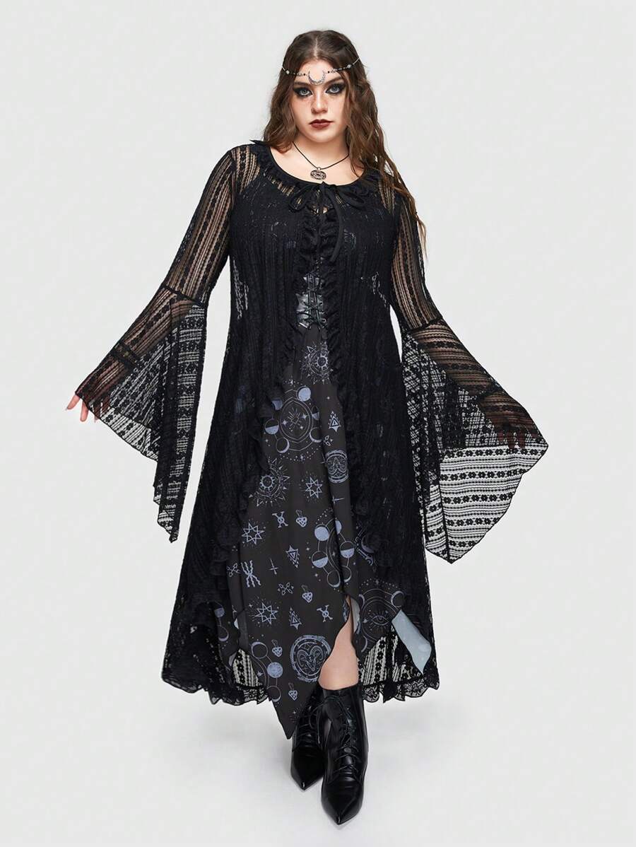 ROMWE Goth Áo sơ mi nữ tay dài có viền ren bất đối xứng cỡ lớn - màu đen - Xem 1