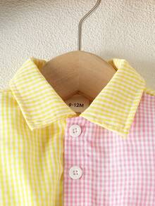 Vestido Para Bebé Niña De Cuadros Y Bloques De Color Con Botones Y Cuello Medio Abierto - Multicolor - Ver 4