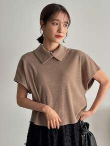 FRIFUL Quý cô Màu thuần Collared Ngắn tay Áo thun - Lạc đà - Xem 6