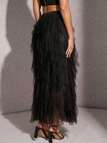 Hauture Ruffle Mesh High Waist Solid Elegant Skirt - Black - View 2
