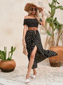 Breezaya Damski Bez ramion Krótki Rękaw Wzór w kwiaty Marszczona sukienka - Wielokolorowe - Zobacz 7