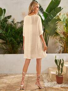 SHEIN VCAY 1件純色不對稱下擺和服 - 卡其色 - 查看 2