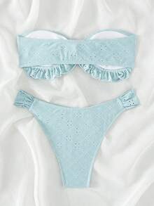 SHEIN Swim Solid Color Textured Two-Piece Bikini Set, Summer Beach - Baby Blue - View 2