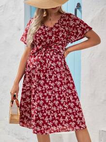 SHEIN Maternity Ditsy Floral Print Batwing Sleeve Dress - Red - View 1