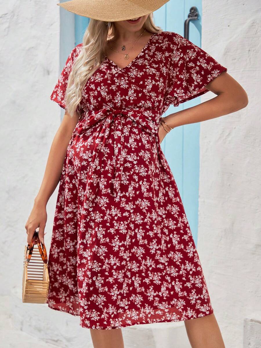 SHEIN Maternity Ditsy Floral Print Batwing Sleeve Dress - Red - View 1