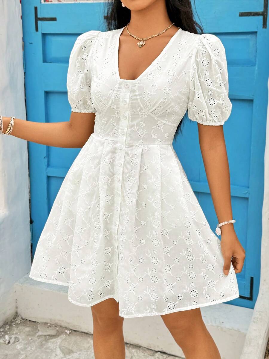 Soleia Puff Sleeve A-Line Dress Sundress Short White Dress - White - View 1