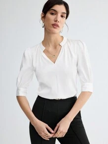 BizChic 女式缺口领肘袖衬衫，都市通勤办公室商务休闲优雅正式衬衫上衣 - 白色 - 查看 1