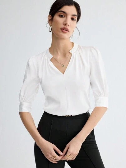 BizChic 女式缺口领肘袖衬衫，都市通勤办公室商务休闲优雅正式衬衫上衣