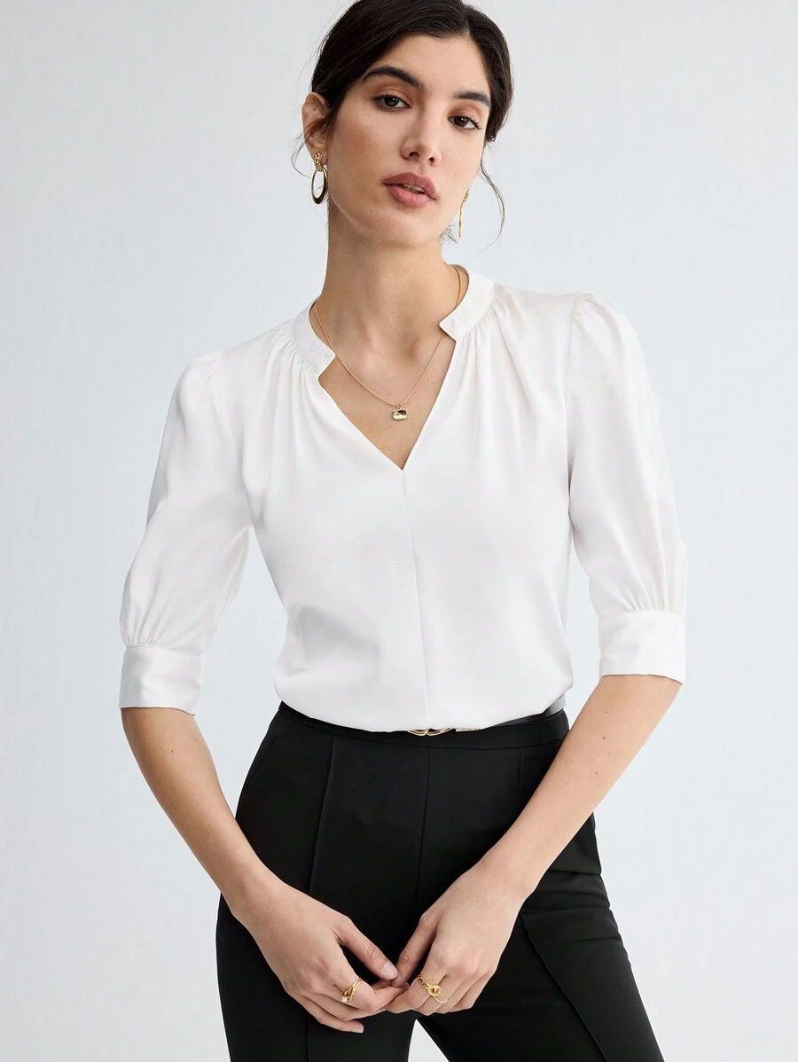 BizChic 女式缺口领肘袖衬衫，都市通勤办公室商务休闲优雅正式衬衫上衣 - 白色 - 查看 1