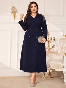 Modelyn Plus Size Women's Double Breasted Long Sleeve Modest Dress - Blue - View 1