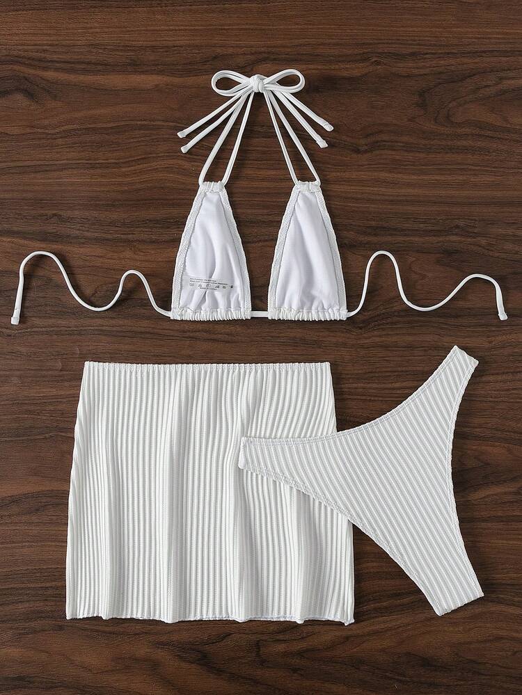 Women'S Solid Color Halter Triangle Bra And Triangle Bikini Set + Swim Skirt Summer