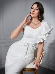 Modelyn Vestido largo de noche con cuello asimétrico, volantes y decoración de cuentas con abertura lateral - Blanco - Ver 2