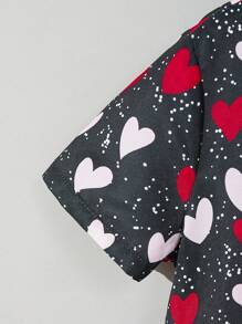 SHEIN Young Boy's Cute And Loose Heart Pattern Printed Shirt And Solid Color Shorts Set - Black - View 3