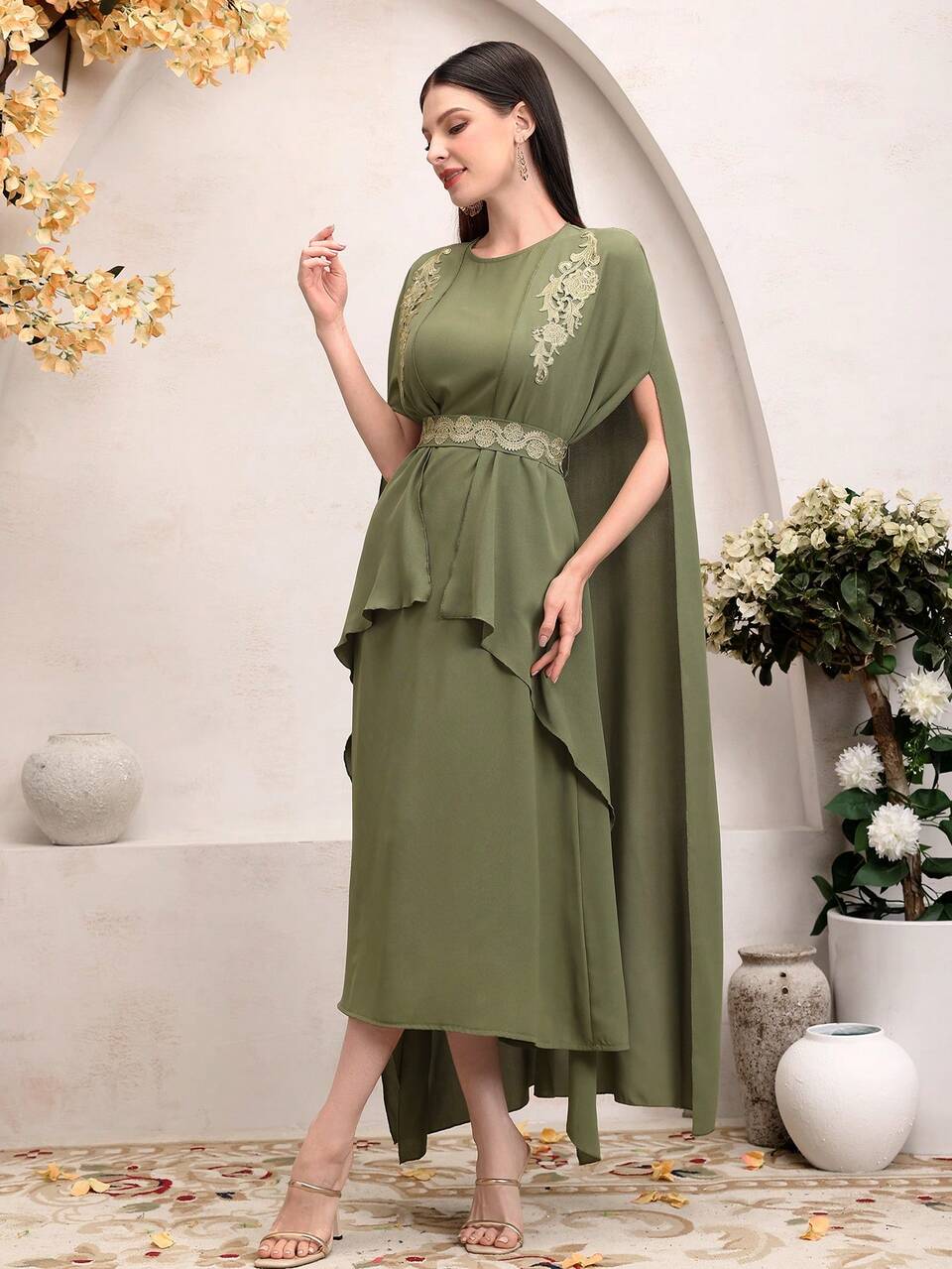 Women's Flower Embellished Cape Sleeve Coat And Dress 2 Piece Set 2 Piece Set