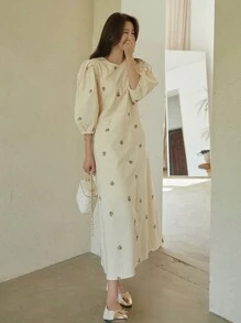 DAZY Đầm nữ dáng rộng cổ tròn thắt nơ thêu họa tiết phối hợp, đầm hè, đầm thường ngày nữ, đồng phục giáo viên, đầm lễ Phục sinh. - Màu be - Xem 3