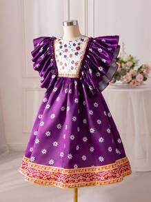 SHEIN Cô gái Tween Dệt In hoa Viền Ruffle Sự phối hợp Đầm giản dị - Màu tím - Xem 3