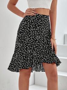 SHEIN Frenchy 女士心形印花不對稱裙擺裙 - 黑色 - 查看 4