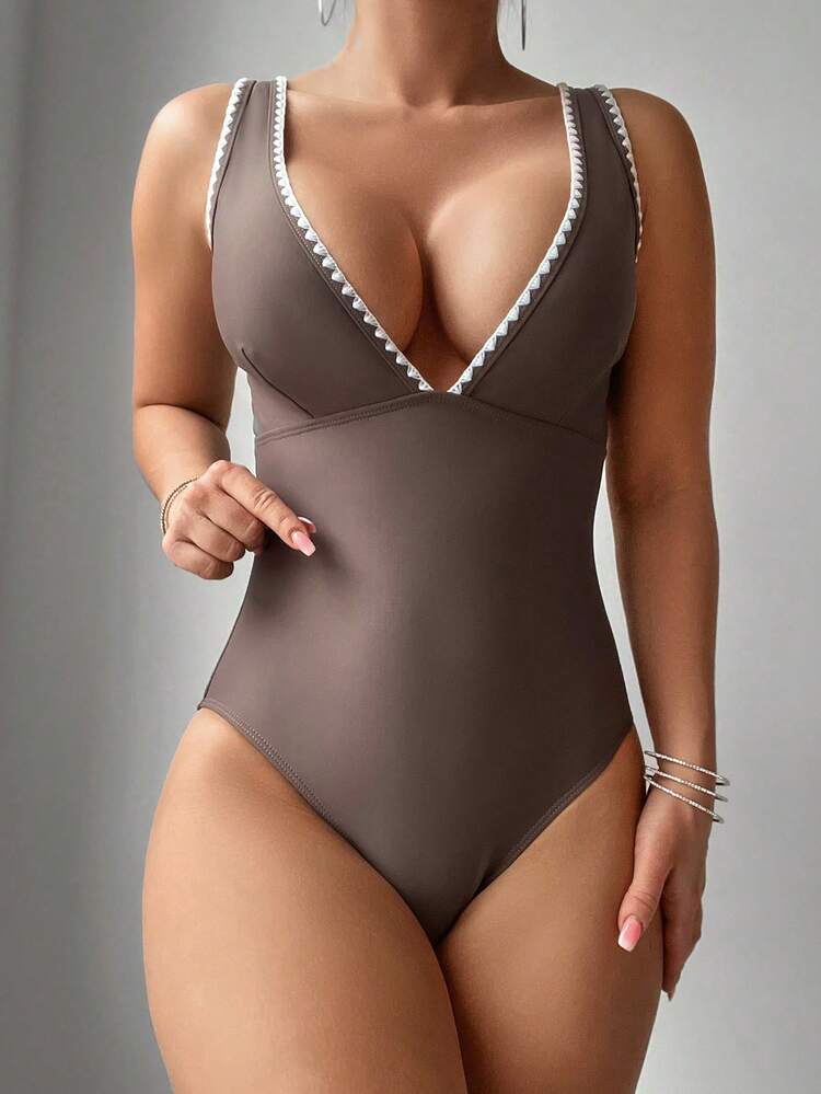 Color Block Swimsuit With Edging Design Bathing Suit For Summer Beach