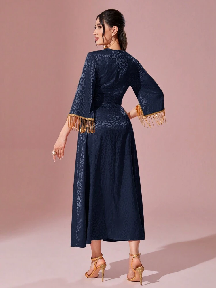 Women's Leopard Jacquard Arabian Dress With Beaded Fringe Cuff