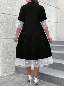 SHEIN Clasi Plus Size Women's Patchwork Lace Short Sleeve Dress - Black - View 3