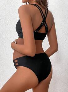 SHEIN Maternity Solid Color Back Cross Bikini Set Set Summer Beach - Black - View 2