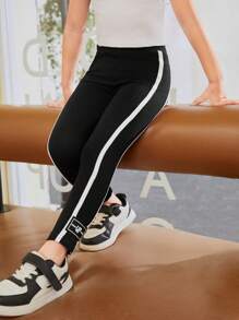 SHEIN Młoda dziewczyna Ciasny Codzienny W połowie talii Kolorowy blok Legginsy Z Tkany pasek