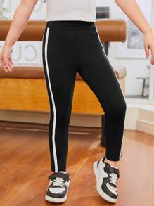 SHEIN Młoda dziewczyna Ciasny Codzienny W połowie talii Kolorowy blok Legginsy Z Tkany pasek