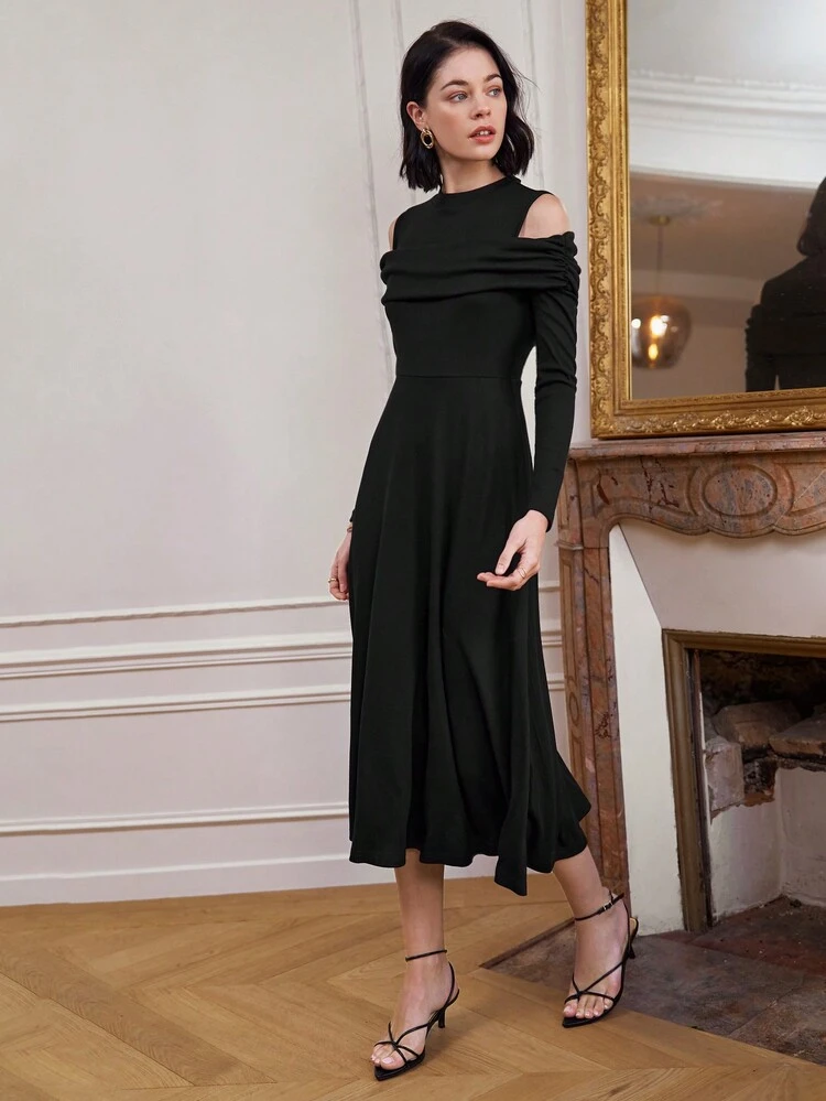 Solid Color Open Shoulder Cinched Waist Dress Winter Elegant Black Evening Dress