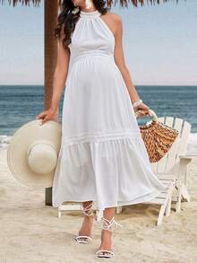 SHEIN Robe De Maternité Dos Nu En Dentelle De Couleur Unie En Patchwork - Blanc - Voir 5