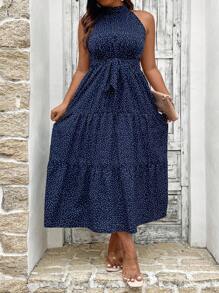 SHEIN Clasi Plus Size Polka Dot Print Halterneck Sleeveless Dress - Navy Blue - View 1