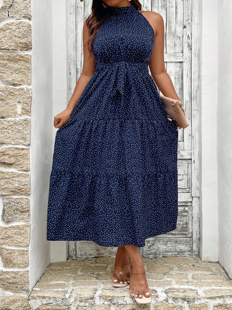 SHEIN Clasi Plus Size Polka Dot Print Halterneck Sleeveless Dress - Navy Blue - View 1