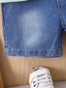 2pcs/Set Baby Boy's Spring Summer Fashionable Embroidered Short Sleeve Top And Denim Shorts Outfit - Army Green - View 3