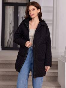 GASMAN 女士绗缝纯色长袖拉链领口袋连帽休闲冬季夹克 - 黑色 - 查看 3